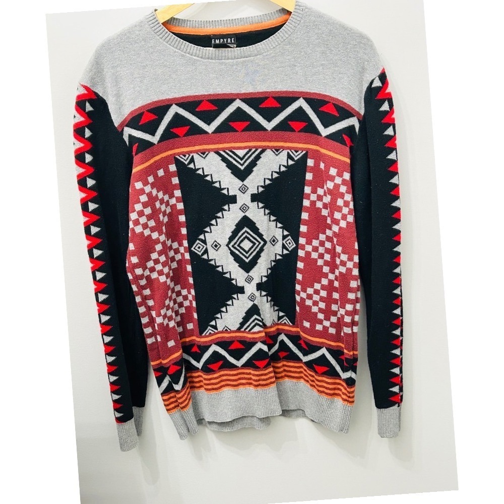 Empyre Men's Geometric Southwest Knit Crewneck Sweater Gray Red Black Size M